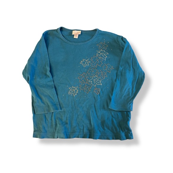 [Top Stitch] BOGO $1 Teal Shirt w Autumn Leaf Design - Picture 1 of 7